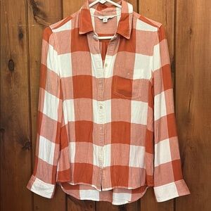 L.L. Bean Orange and White Plaid Button Down Shirt